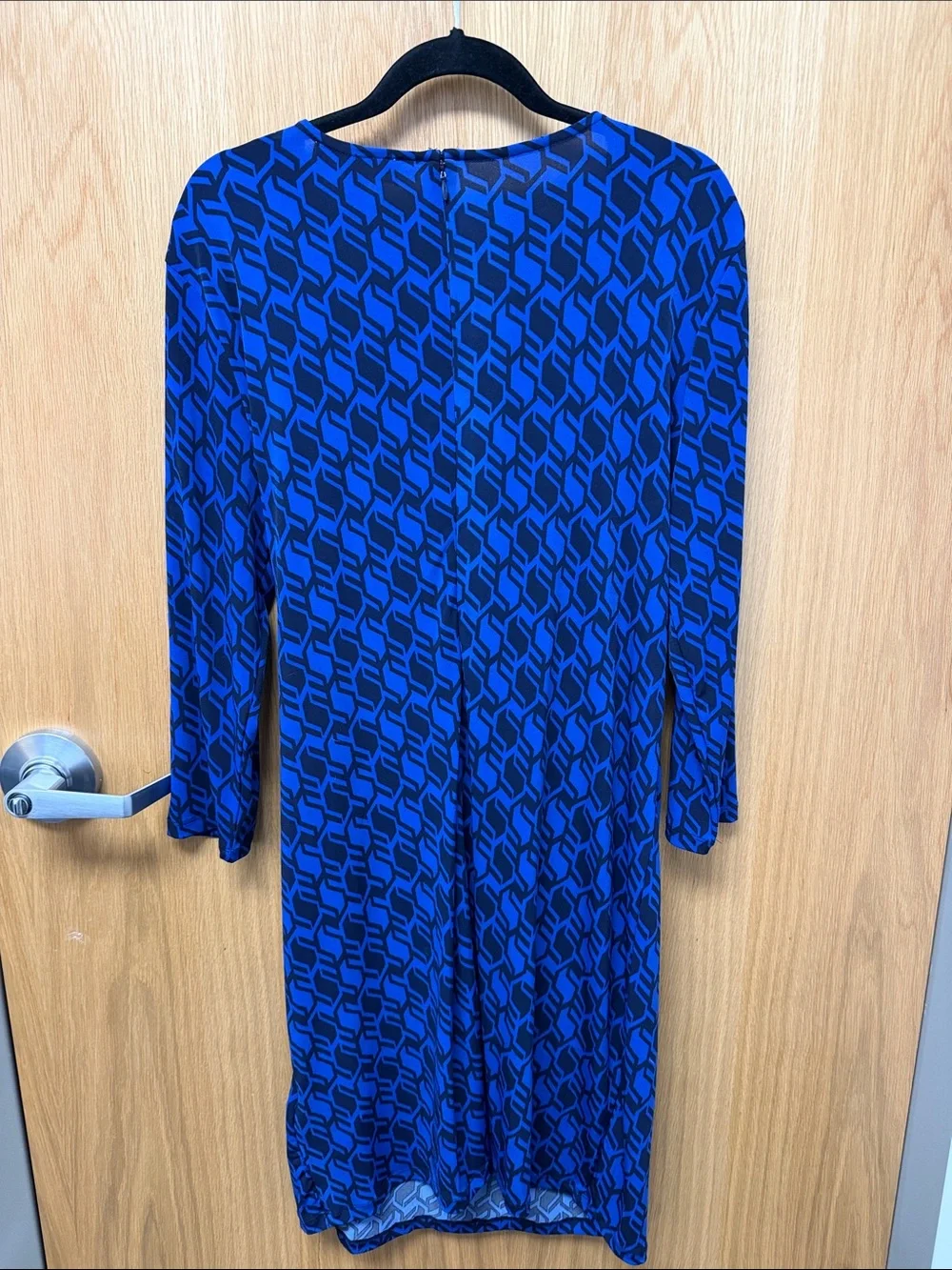 Michael Kors Royal Blue and Black Geometric Long-Sleeve Draped Waist Dress XL